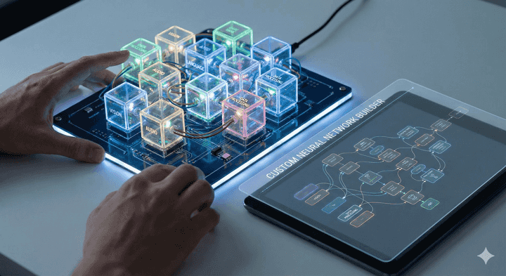 Diagram illustrating a custom Artificial Neural Network architecture with multiple layers and interconnected nodes for machine learning.