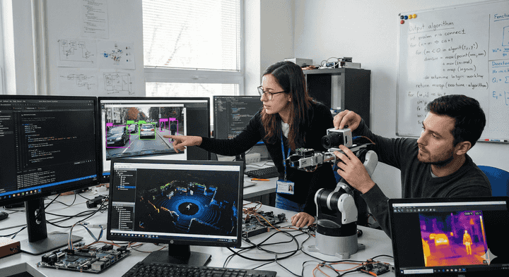 Image showing a camera lens with digital overlays representing computer vision processing, detecting objects and patterns in an industrial setting.