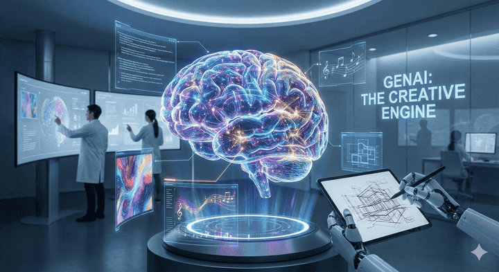 Abstract representation of Generative AI and Large Language Models creating new content, code, or data.