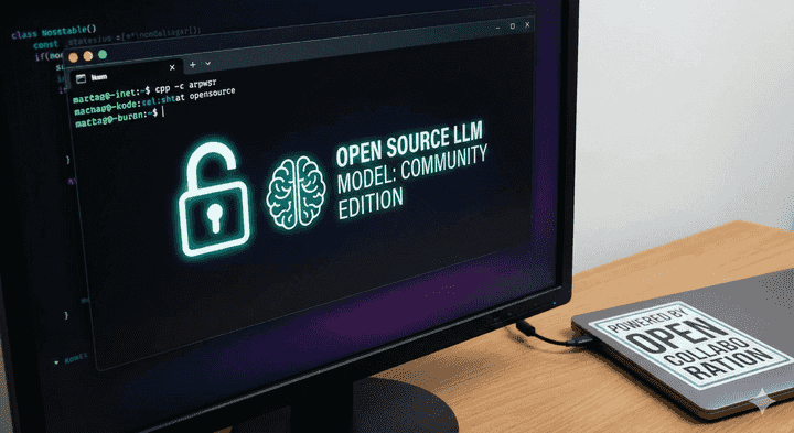 Illustration of open-source Large Language Models with code snippets and collaborative elements, emphasizing data privacy and control on private infrastructure.